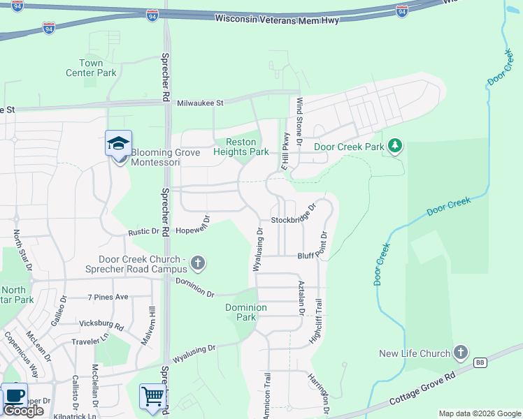 map of restaurants, bars, coffee shops, grocery stores, and more near 325 Wyalusing Drive in Madison