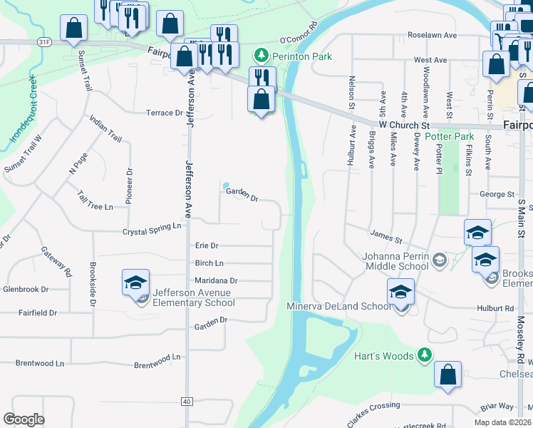 map of restaurants, bars, coffee shops, grocery stores, and more near 90 Garden Drive in Fairport