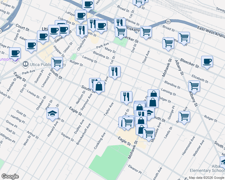 map of restaurants, bars, coffee shops, grocery stores, and more near 1013 Brinckerhoff Avenue in Utica