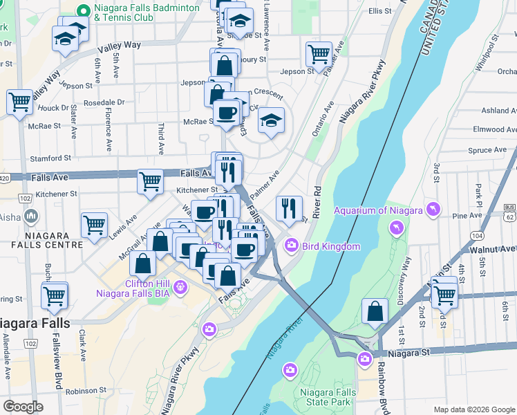 map of restaurants, bars, coffee shops, grocery stores, and more near 5597 Ontario Avenue in Niagara Falls