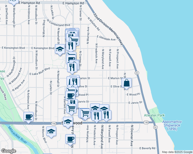 map of restaurants, bars, coffee shops, grocery stores, and more near 2102 East Marion Street in Shorewood