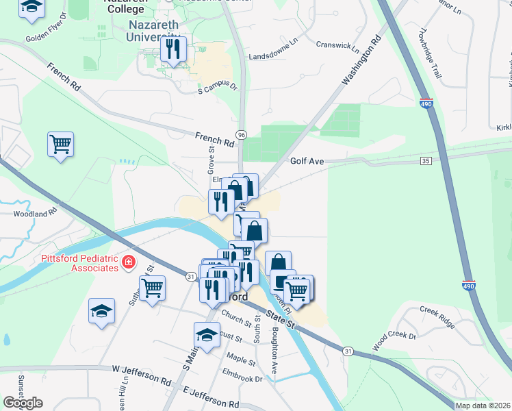 map of restaurants, bars, coffee shops, grocery stores, and more near 60 North Main Street in Pittsford