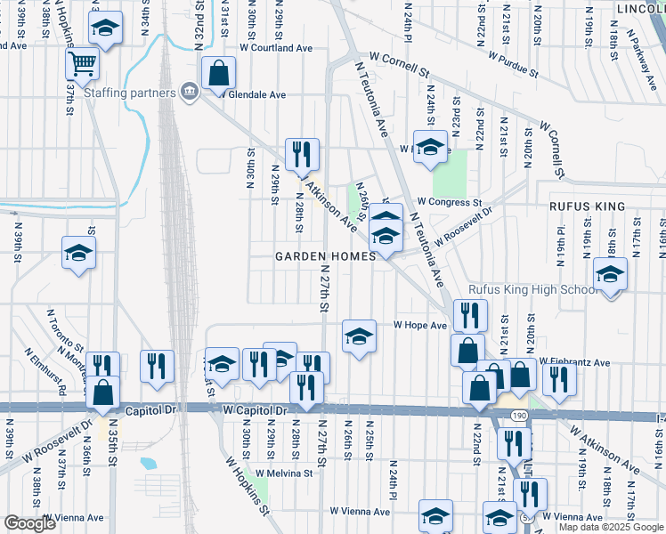 map of restaurants, bars, coffee shops, grocery stores, and more near 4292 North 27th Street in Milwaukee