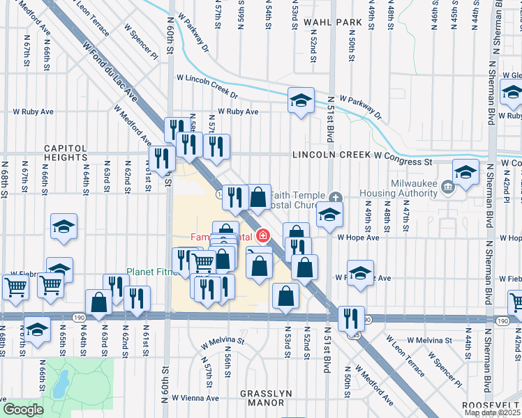 map of restaurants, bars, coffee shops, grocery stores, and more near 5381 West Leon Terrace in Milwaukee