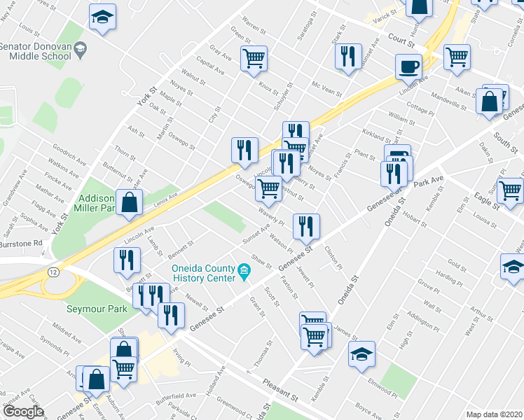 map of restaurants, bars, coffee shops, grocery stores, and more near 807 Waverly Place in Utica