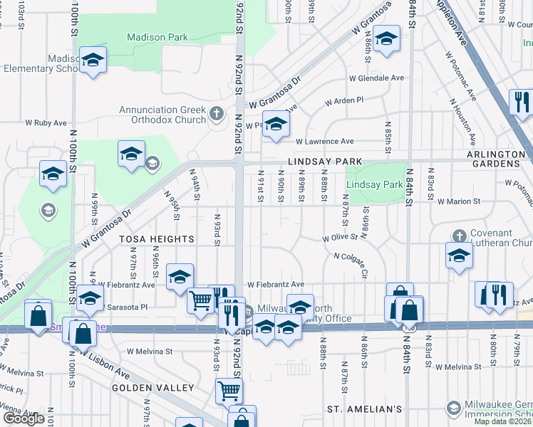 map of restaurants, bars, coffee shops, grocery stores, and more near 4274 North 91st Street in Milwaukee