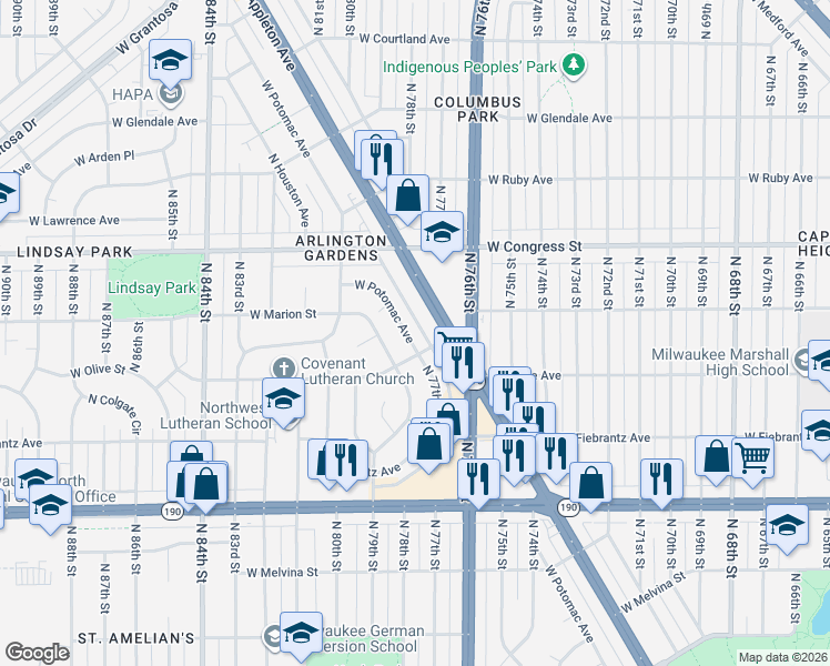 map of restaurants, bars, coffee shops, grocery stores, and more near 7722 West Potomac Avenue in Milwaukee