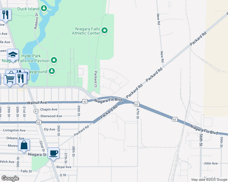map of restaurants, bars, coffee shops, grocery stores, and more near 6 Packard Court in Niagara Falls