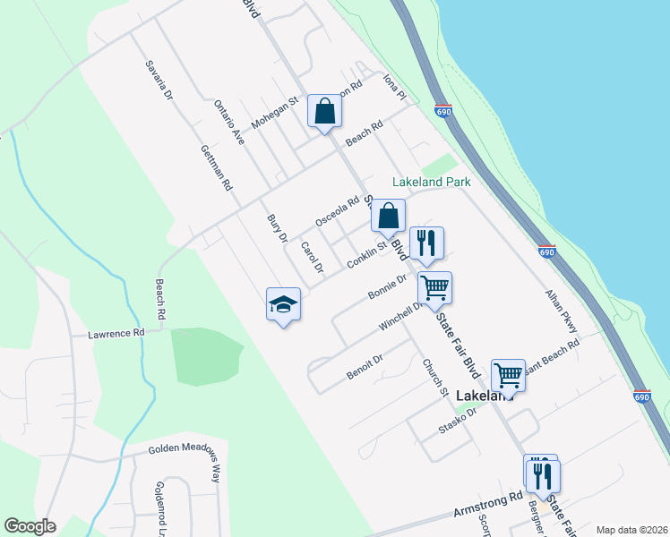 map of restaurants, bars, coffee shops, grocery stores, and more near 123 Carol Drive in Syracuse