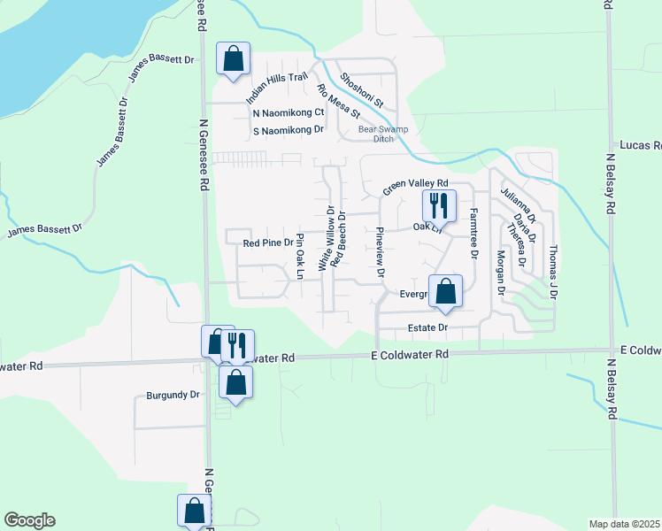 map of restaurants, bars, coffee shops, grocery stores, and more near 448 White Willow Drive in Flint