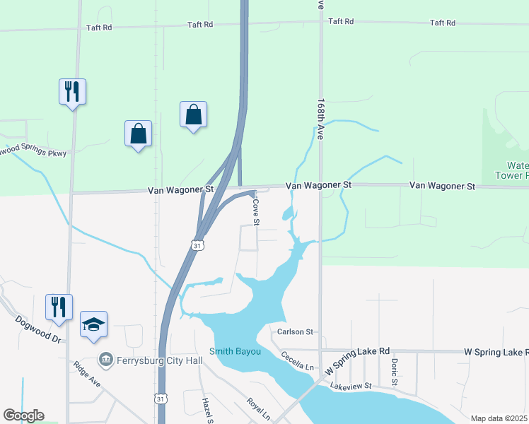 map of restaurants, bars, coffee shops, grocery stores, and more near 18000 Cove Street in Spring Lake