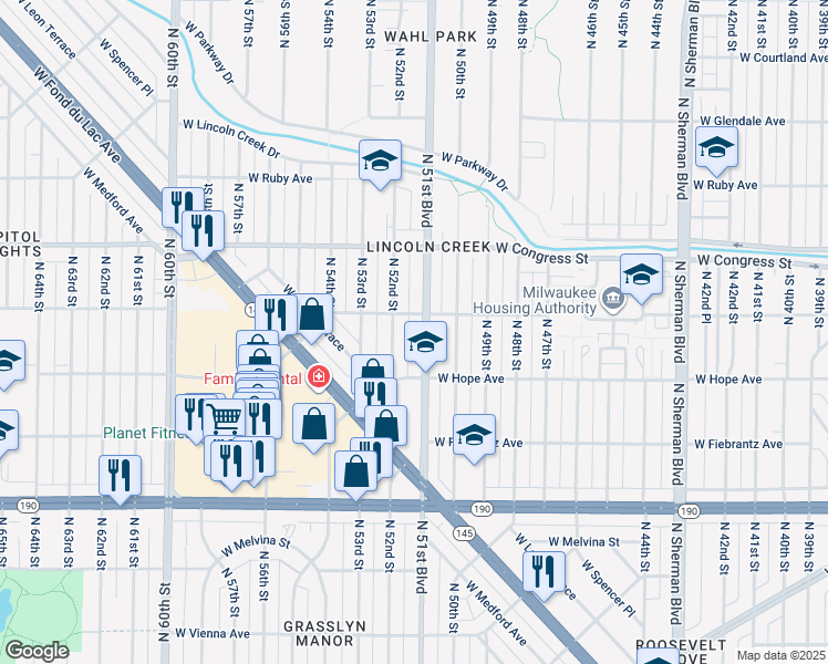 map of restaurants, bars, coffee shops, grocery stores, and more near 4266 North 52nd Street in Milwaukee