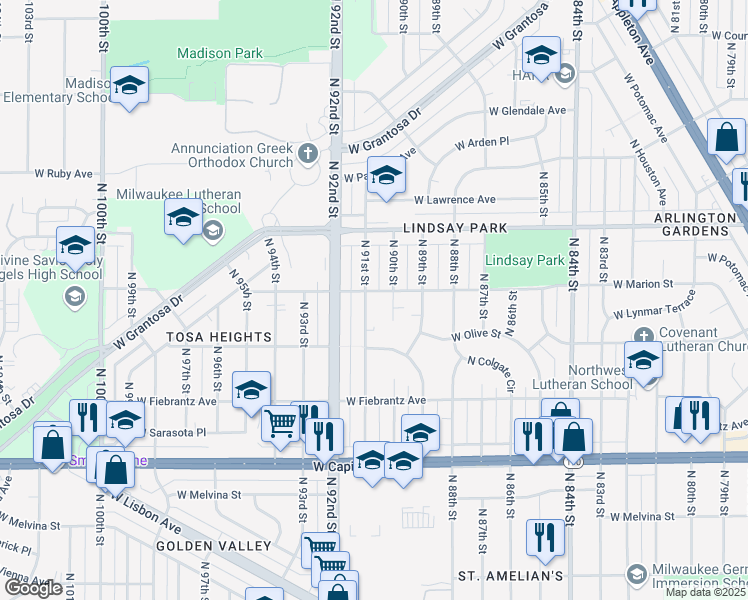 map of restaurants, bars, coffee shops, grocery stores, and more near 4274 North 91st Street in Milwaukee