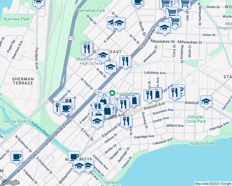 map of restaurants, bars, coffee shops, grocery stores, and more near 2134 Winnebago Street in Madison