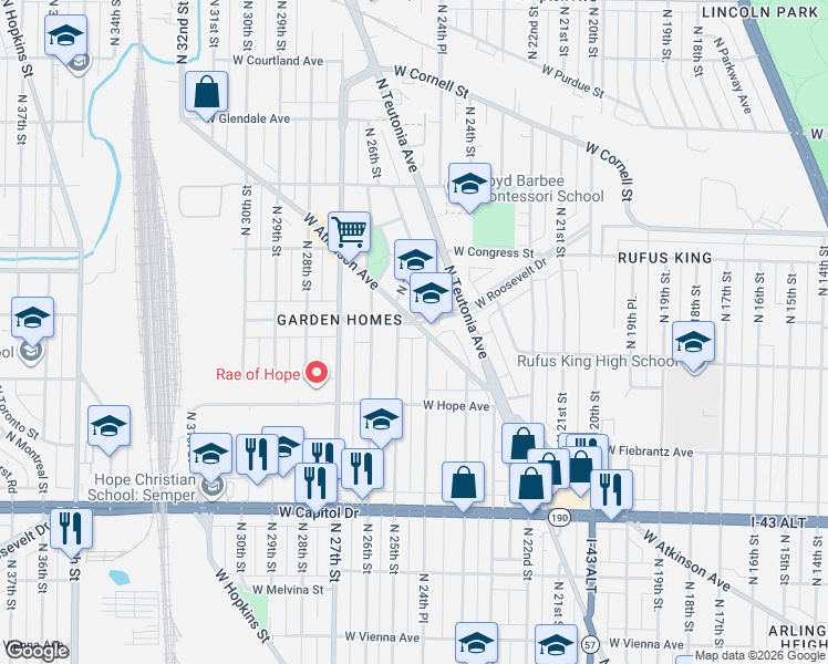 map of restaurants, bars, coffee shops, grocery stores, and more near in Milwaukee
