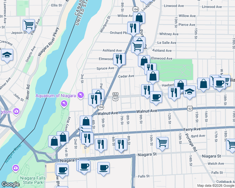 map of restaurants, bars, coffee shops, grocery stores, and more near 711 7th Street in Niagara Falls