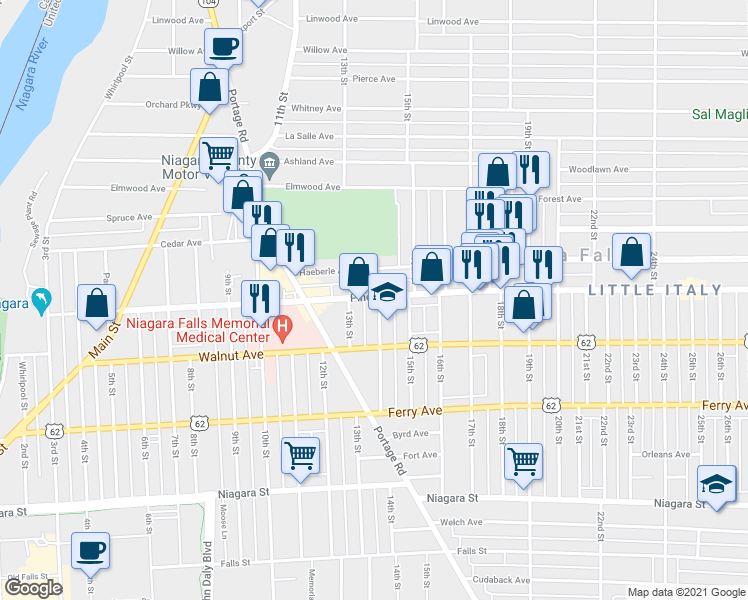 map of restaurants, bars, coffee shops, grocery stores, and more near 1329 Pine Avenue in Niagara Falls
