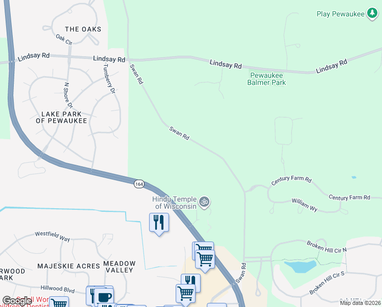 map of restaurants, bars, coffee shops, grocery stores, and more near W241N4225 Swan Road in Pewaukee