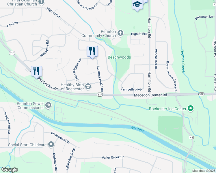 map of restaurants, bars, coffee shops, grocery stores, and more near 6 Camden Court in Fairport