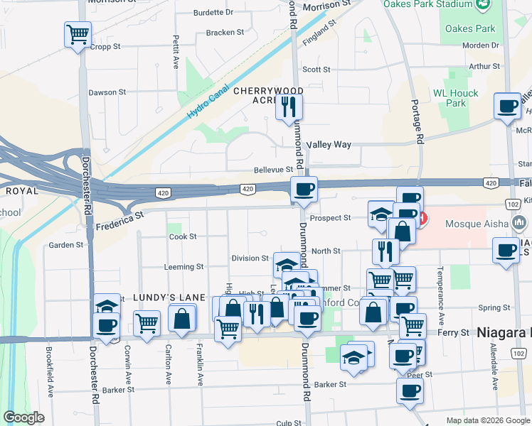 map of restaurants, bars, coffee shops, grocery stores, and more near 6326 Frederica Street in Niagara Falls