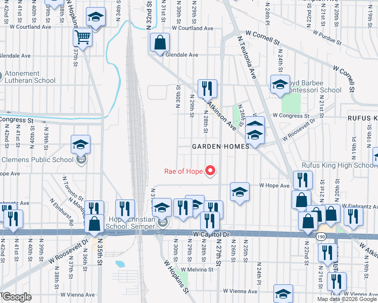 map of restaurants, bars, coffee shops, grocery stores, and more near 2903 West Roosevelt Drive in Milwaukee