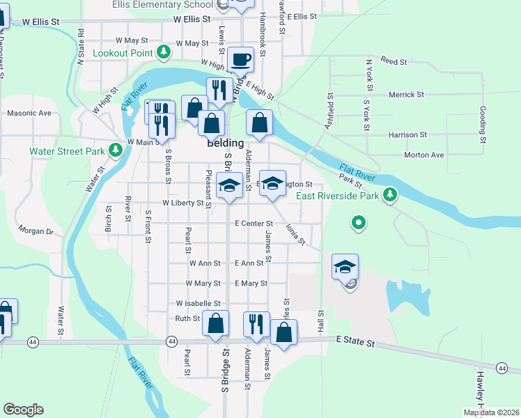map of restaurants, bars, coffee shops, grocery stores, and more near 211 East Liberty Street in Belding