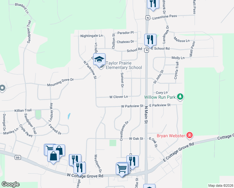 map of restaurants, bars, coffee shops, grocery stores, and more near 407 West Clover Lane in Cottage Grove