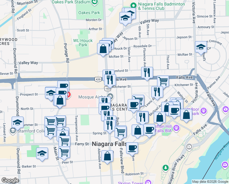 map of restaurants, bars, coffee shops, grocery stores, and more near 5489 Buchanan Avenue in Niagara Falls