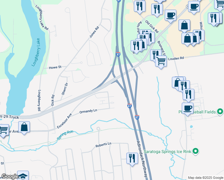 map of restaurants, bars, coffee shops, grocery stores, and more near 295 Excelsior Avenue in Saratoga Springs