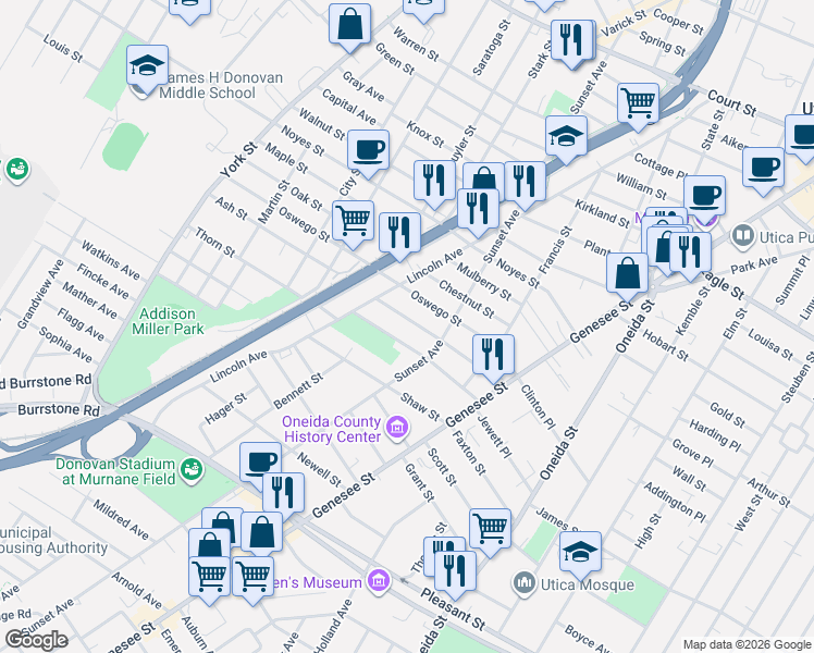 map of restaurants, bars, coffee shops, grocery stores, and more near 815 Waverly Pl in Utica
