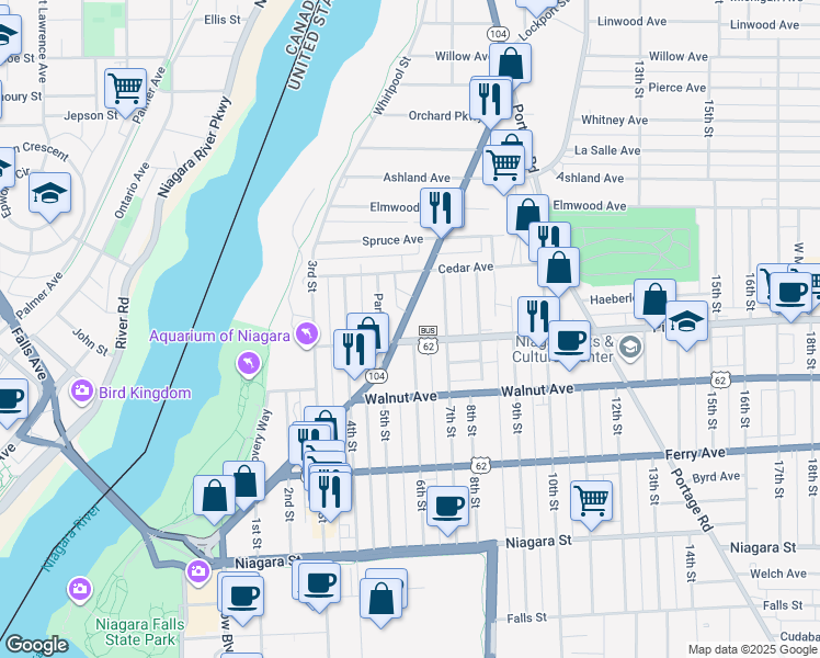 map of restaurants, bars, coffee shops, grocery stores, and more near 717 Main Street in Niagara Falls