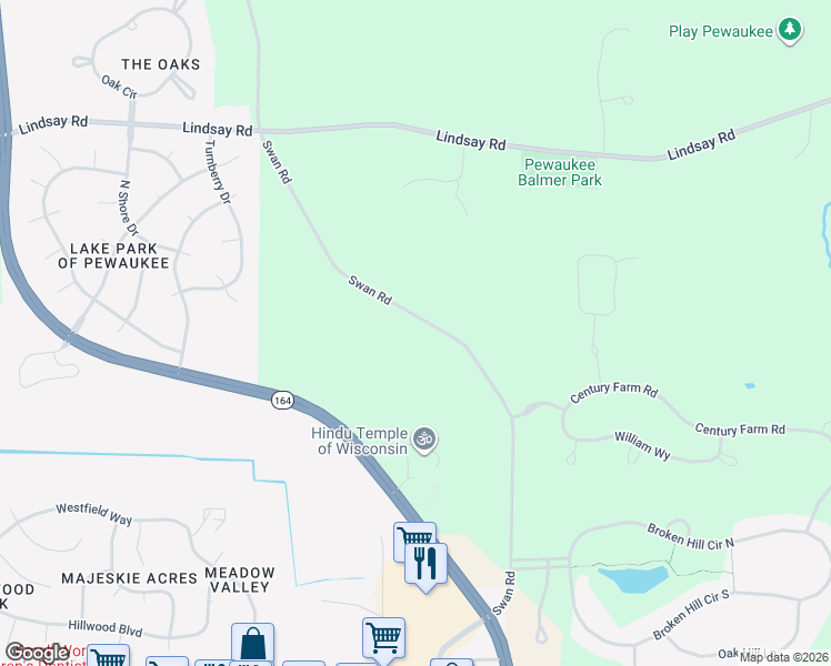 map of restaurants, bars, coffee shops, grocery stores, and more near W241N4225 Swan Road in Pewaukee