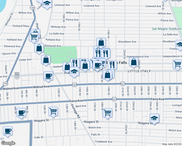 map of restaurants, bars, coffee shops, grocery stores, and more near 1615 Pine Avenue in Niagara Falls