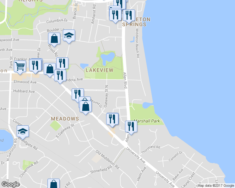 map of restaurants, bars, coffee shops, grocery stores, and more near 6211 Lakeview Boulevard in Middleton