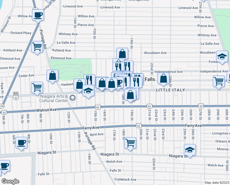 map of restaurants, bars, coffee shops, grocery stores, and more near 1713 Pine Avenue in Niagara Falls