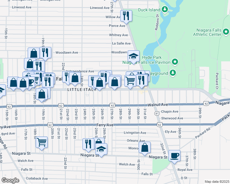 map of restaurants, bars, coffee shops, grocery stores, and more near 2701 Pine Avenue in Niagara Falls