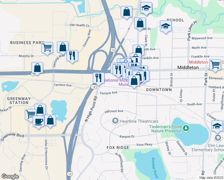 map of restaurants, bars, coffee shops, grocery stores, and more near 7714 Terrace Avenue in Middleton
