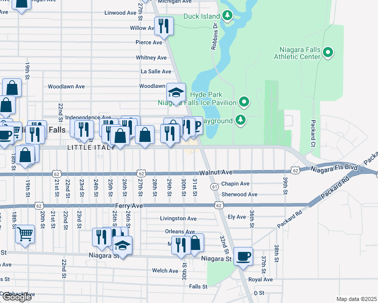 map of restaurants, bars, coffee shops, grocery stores, and more near 2925 Pine Avenue in Niagara Falls