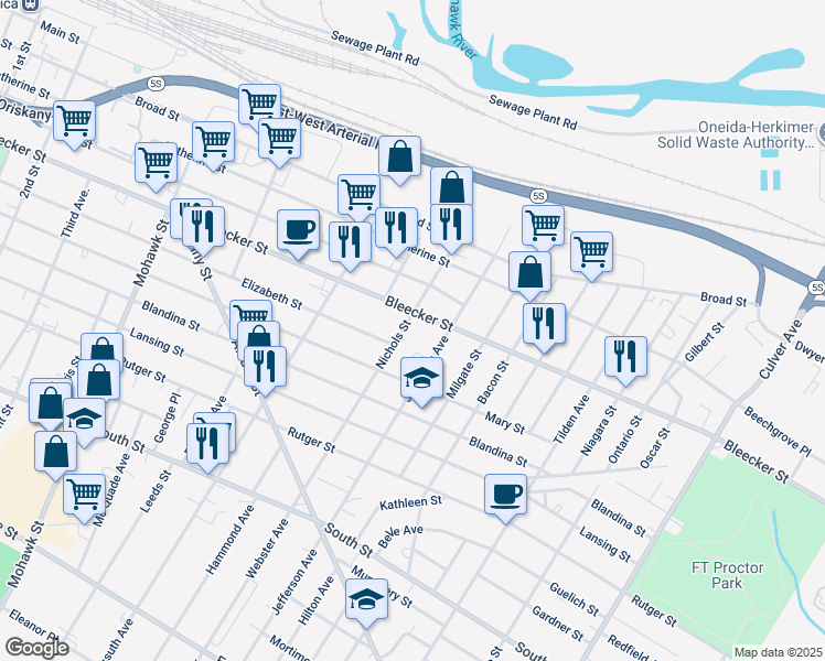 map of restaurants, bars, coffee shops, grocery stores, and more near 505 Nichols St in Utica