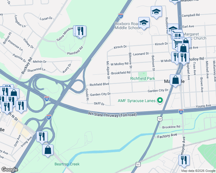 map of restaurants, bars, coffee shops, grocery stores, and more near 403 Richfield Boulevard in Mattydale