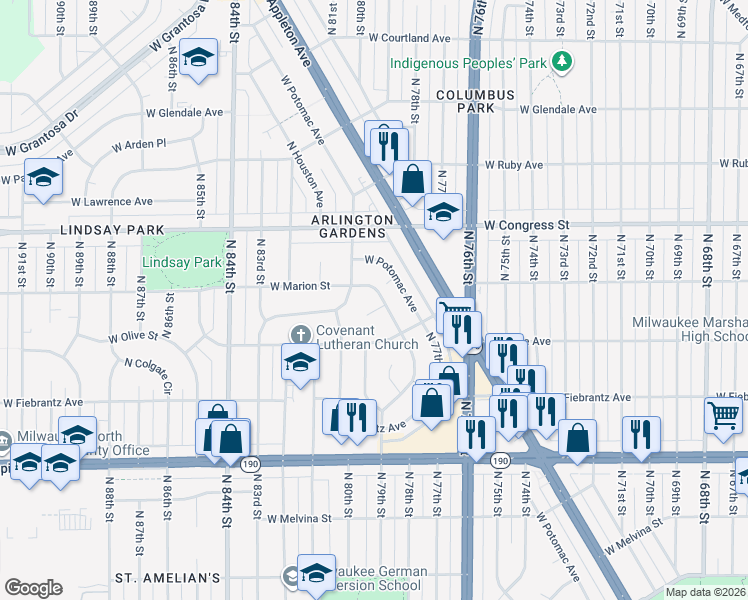map of restaurants, bars, coffee shops, grocery stores, and more near 4261 North 78th Street in Milwaukee