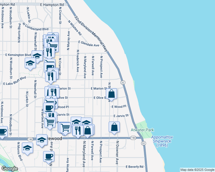 map of restaurants, bars, coffee shops, grocery stores, and more near 4301 North Stowell Avenue in Shorewood