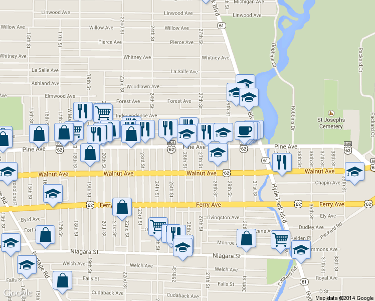 map of restaurants, bars, coffee shops, grocery stores, and more near 2601 Pine Avenue in Niagara Falls