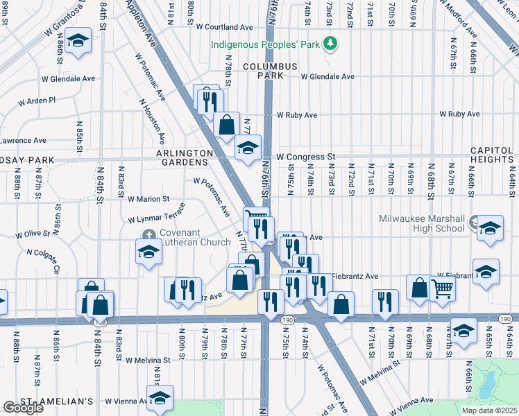 map of restaurants, bars, coffee shops, grocery stores, and more near 7690 West Appleton Avenue in Milwaukee
