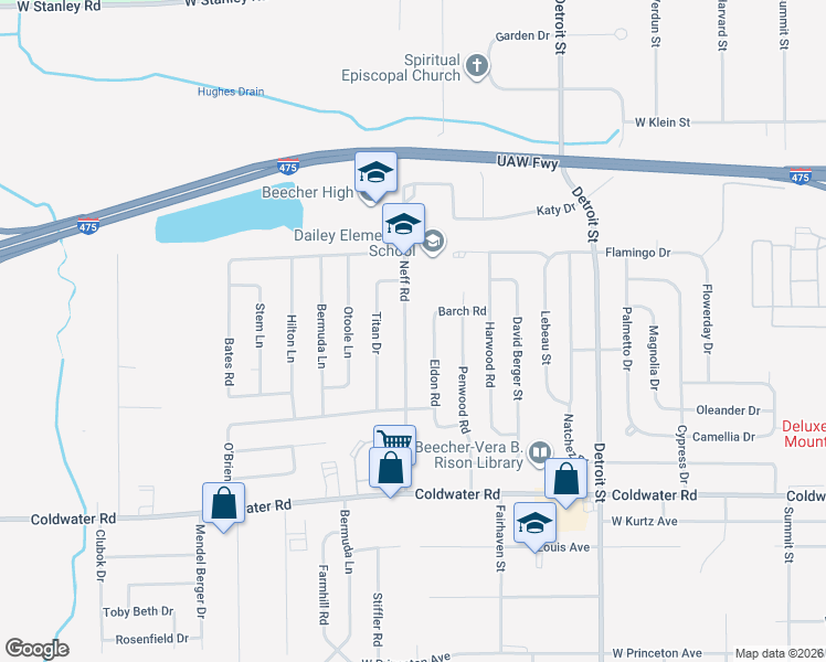 map of restaurants, bars, coffee shops, grocery stores, and more near 6168 Neff Road in Mount Morris