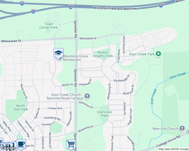 map of restaurants, bars, coffee shops, grocery stores, and more near 6710 Annestown Drive in Madison