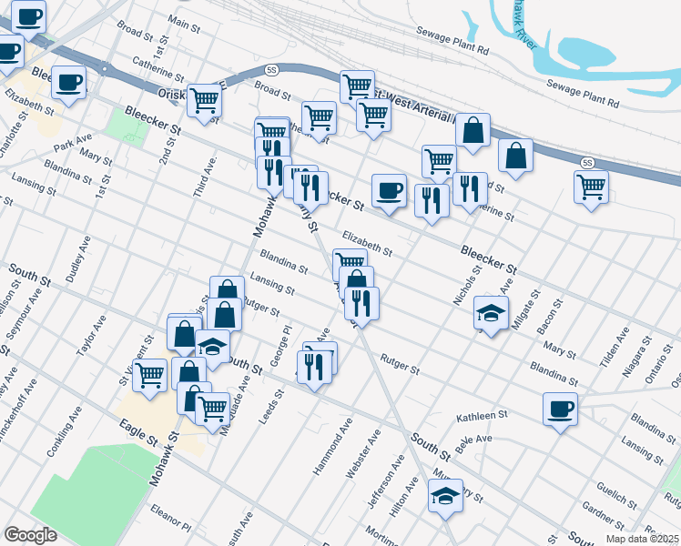 map of restaurants, bars, coffee shops, grocery stores, and more near 770 Mary Street in Utica