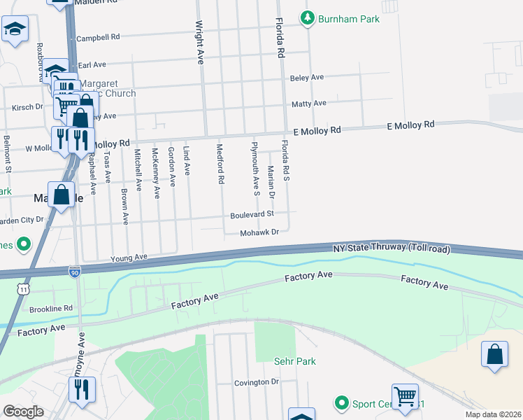 map of restaurants, bars, coffee shops, grocery stores, and more near 1001 Boulevard Street in Syracuse