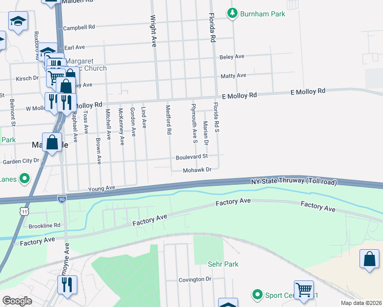 map of restaurants, bars, coffee shops, grocery stores, and more near 1001 Boulevard Street in Syracuse