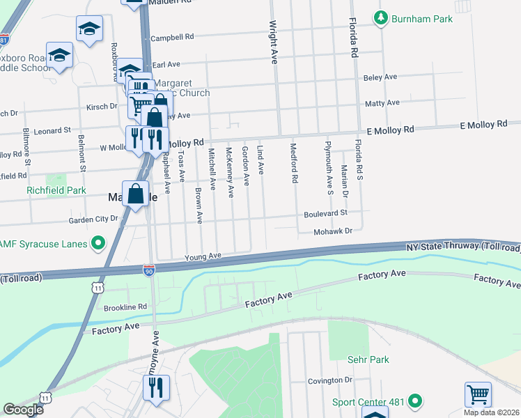 map of restaurants, bars, coffee shops, grocery stores, and more near 134 Lind Avenue in Syracuse